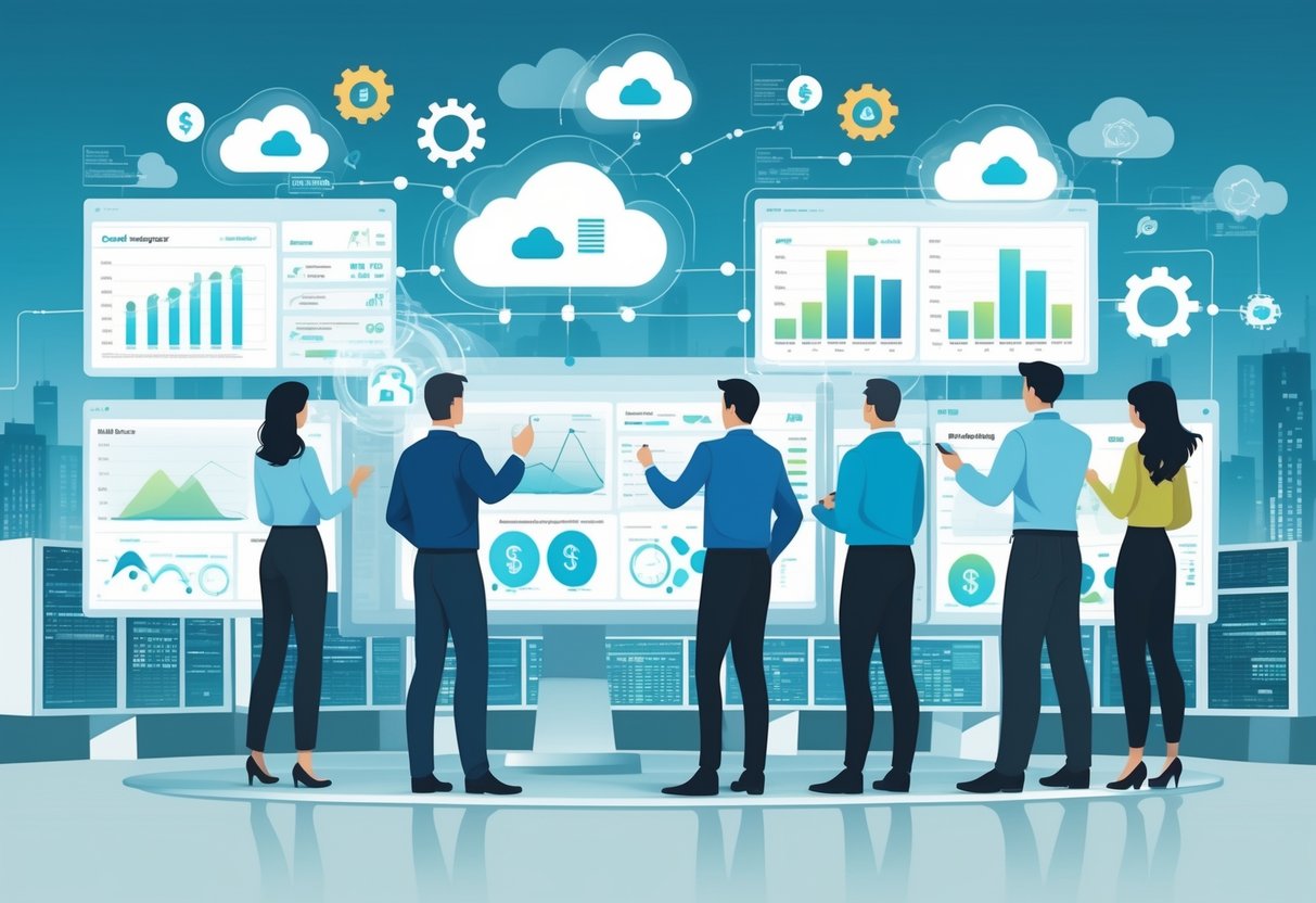 A group of professionals analyzing digital charts and cloud computing icons in a modern office with a cityscape and data centers in the background.