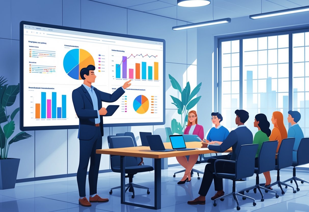 An analytics engineer presenting colorful data charts to a group of people in a bright conference room.