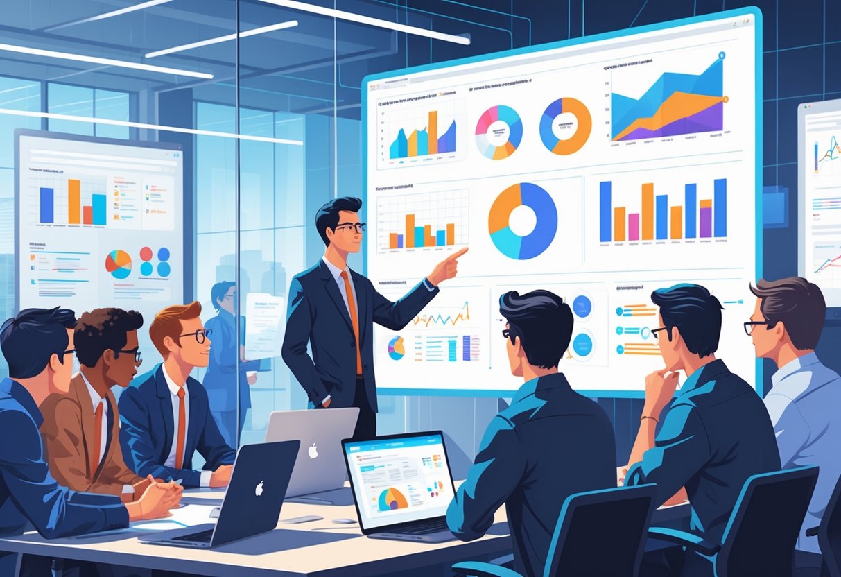A presenter explains colorful data charts to a group of attentive professionals in a modern office setting.
