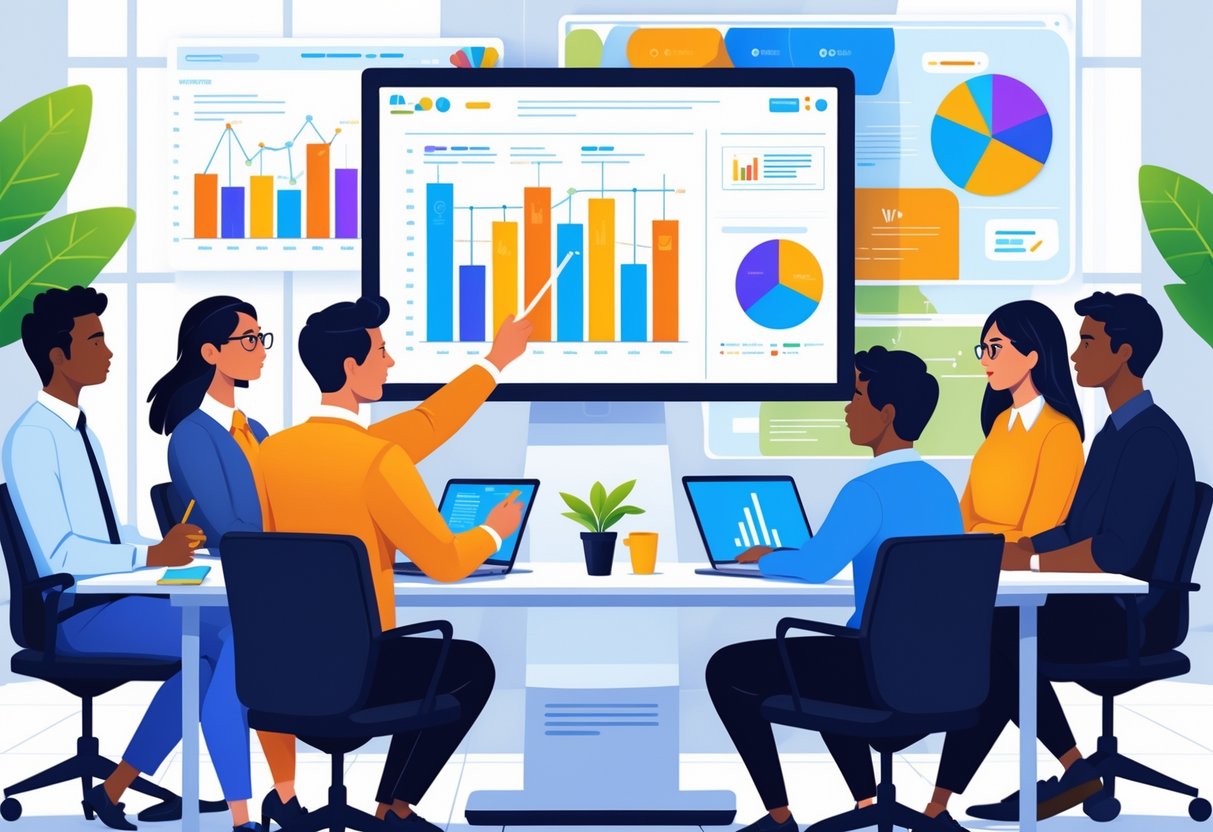 A person presenting data visualizations on a large screen to a group of attentive colleagues in a modern office meeting.