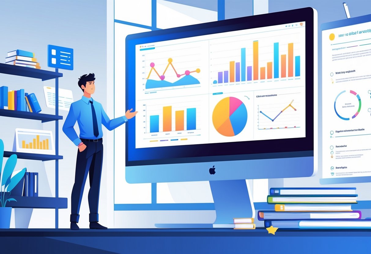 An analytics engineer presenting clear and organized data charts on a large screen in an office setting.