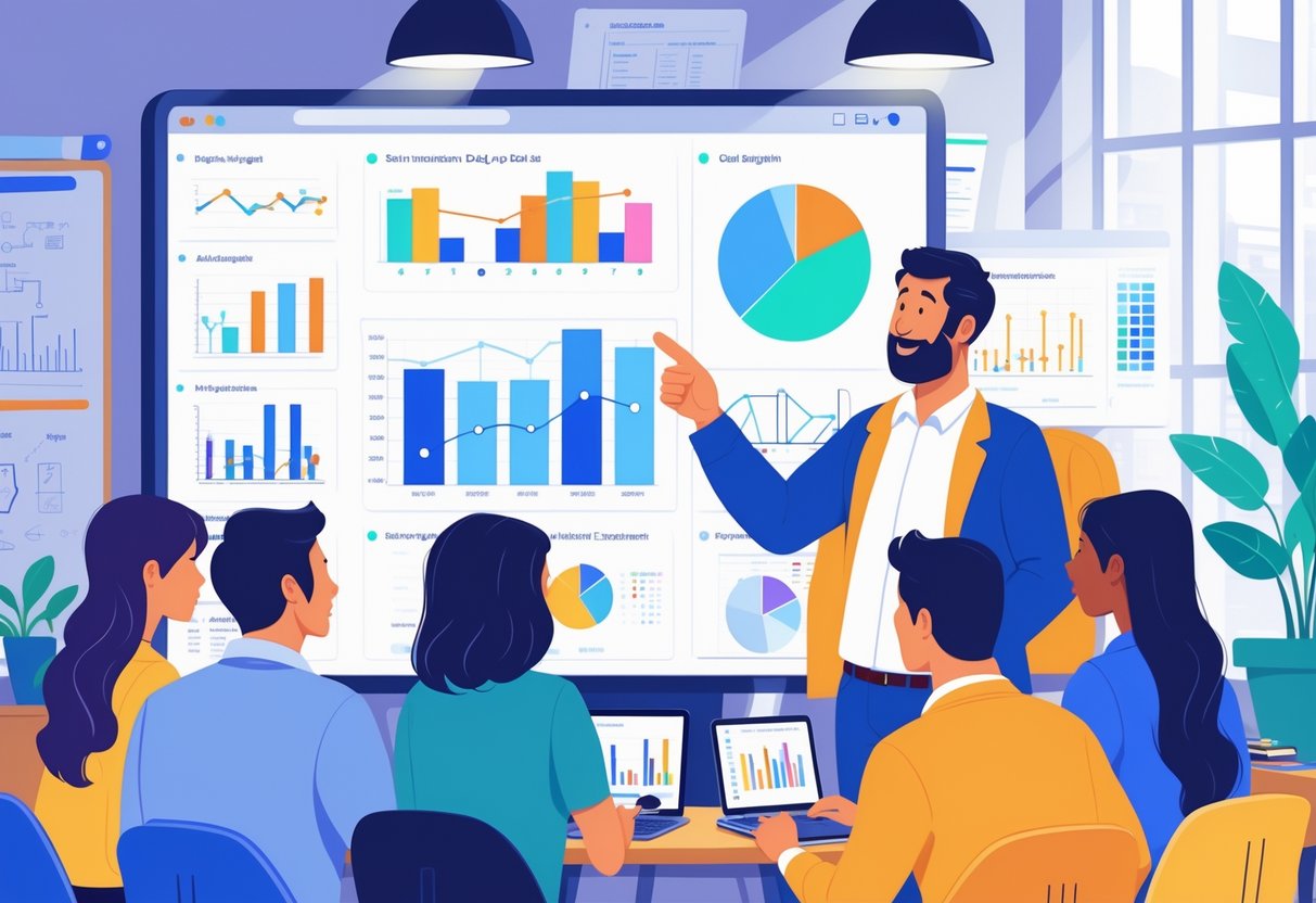 An analytics engineer presenting colorful data charts on a large screen to a group of attentive colleagues in a bright office.