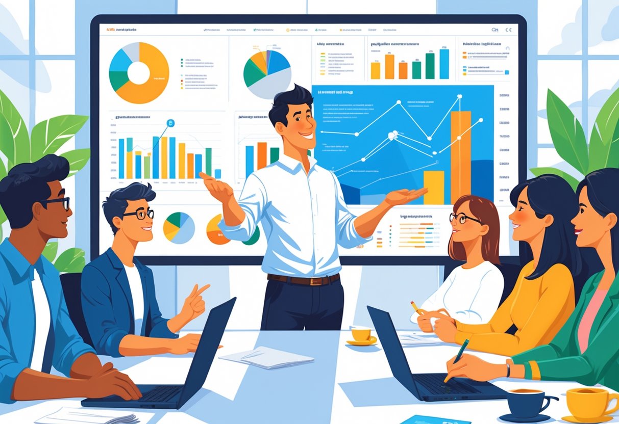 An analytics engineer presenting colorful data visualizations to attentive colleagues in a modern office meeting.