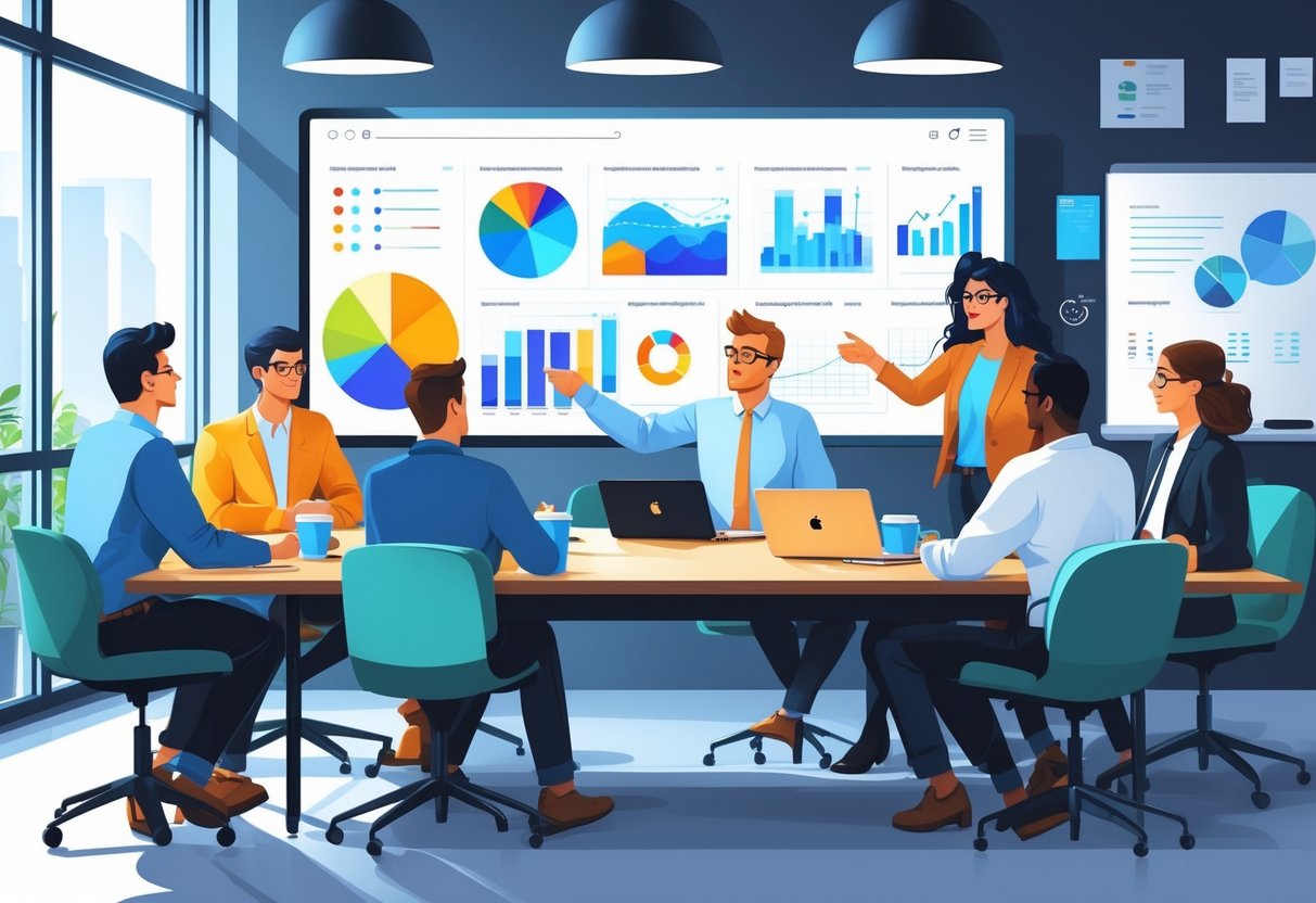 A group of professionals collaborating around a conference table with a large screen showing data charts, while one person presents insights to the team.