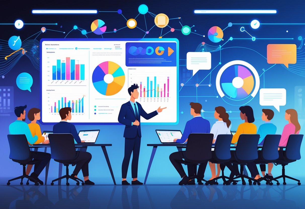An analytics engineer presenting colorful data visualizations on a large screen to a group of attentive colleagues in a modern office meeting room.