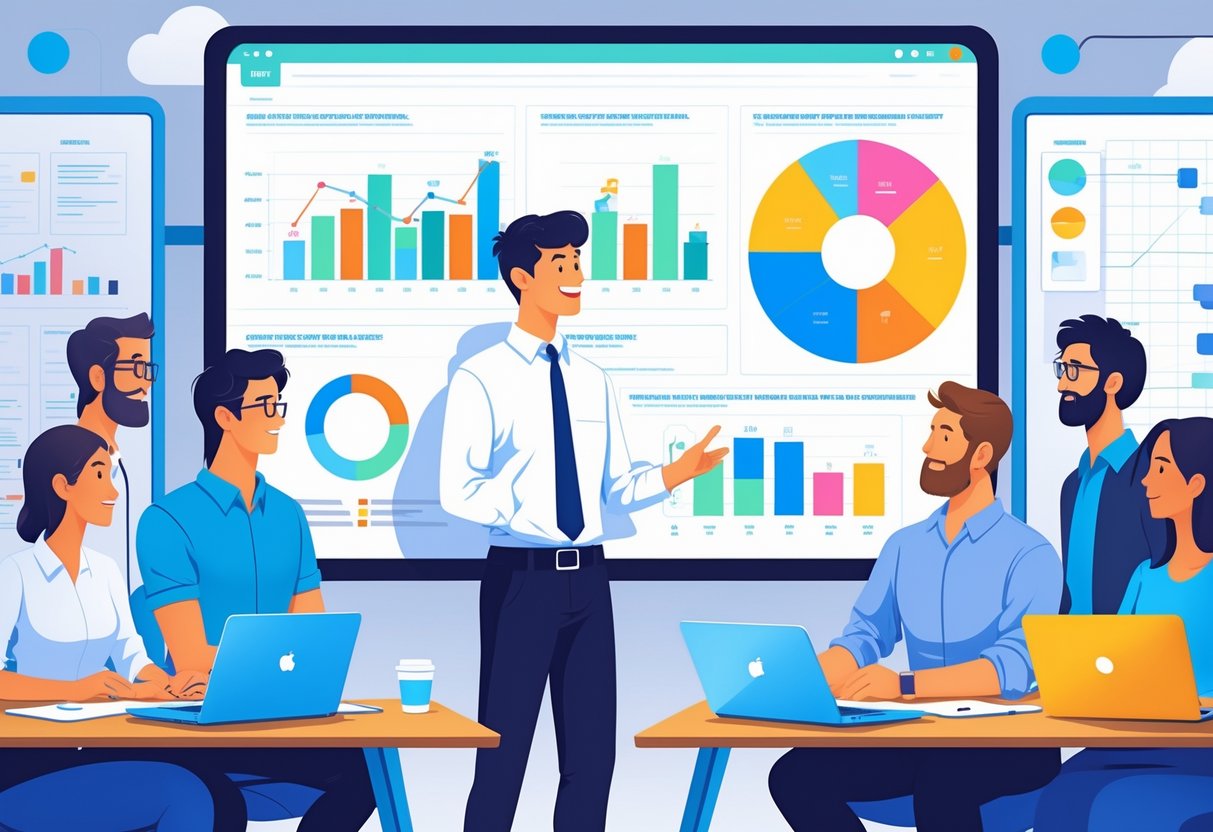 An analytics engineer presents data insights to colleagues using colorful charts on a large screen in an office meeting room.