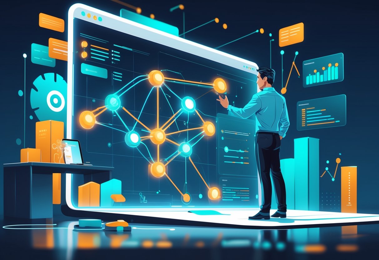 An analytics engineer interacting with a large digital screen showing interconnected data flows and transformation processes in a modern workspace.