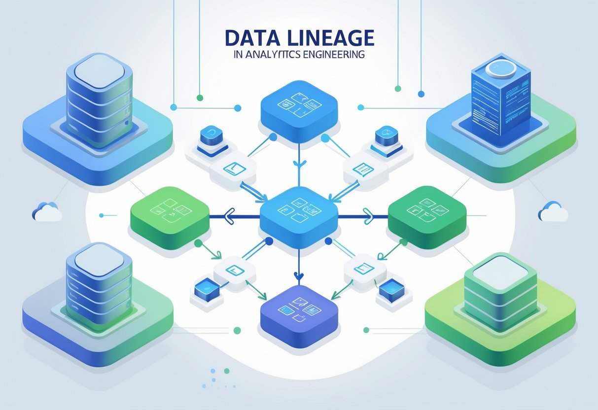 An illustration showing a flowchart with connected nodes representing data sources, transformations, and analytics outputs, symbolizing the flow and tracking of data in analytics engineering.