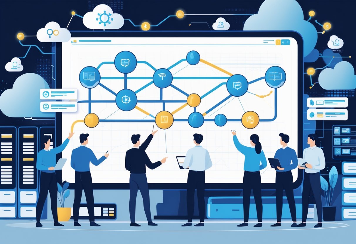 A group of analytics engineers collaborating around a large digital screen showing a detailed data flow diagram with interconnected nodes and arrows, inside a modern office with data servers and cloud icons in the background.