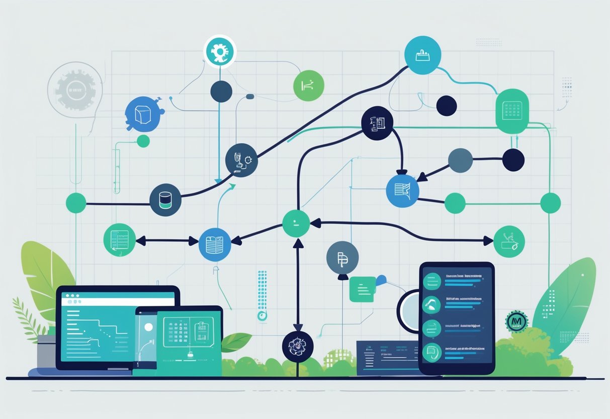 A network of interconnected data sources, processing stages, and analytics components connected by arrows, illustrating the flow and transformation of data from raw inputs to final analysis.