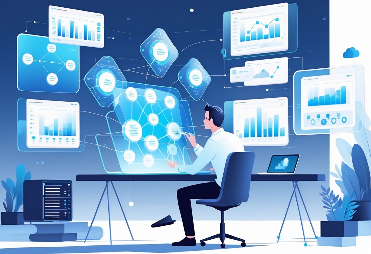 An analytics engineer interacting with floating digital screens showing interconnected data flow diagrams and charts in a modern workspace.