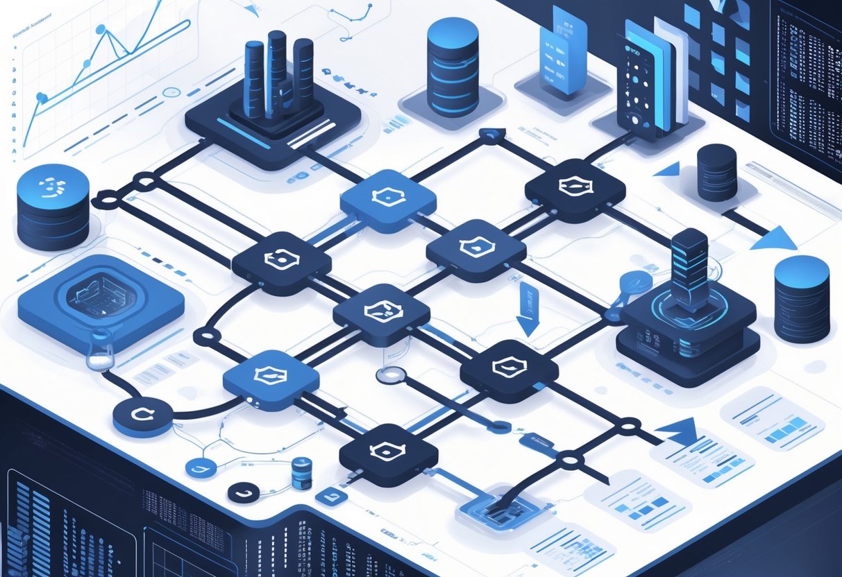 A detailed network diagram showing interconnected data sources, processing steps, and analytics tools connected by arrows representing data flow.