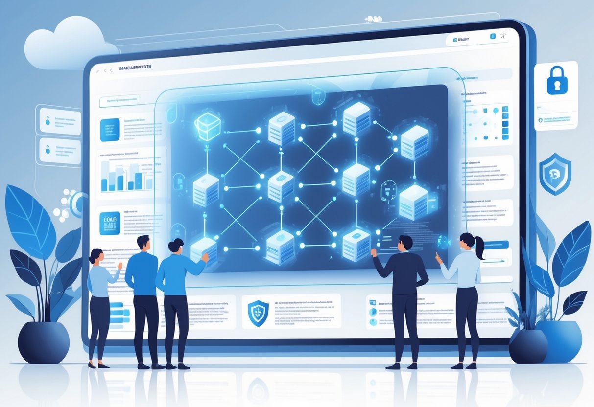 A group of professionals collaborating around a digital screen showing interconnected data flow diagrams representing data lineage and analytics processes.
