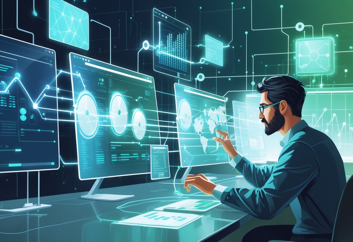 An analytics engineer interacting with holographic data charts and connected data pipelines in a modern workspace.