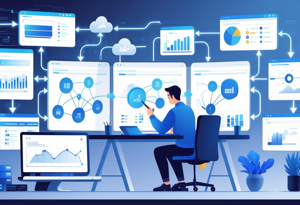 An analytics engineer at a desk analyzing interconnected data flows and charts on multiple transparent digital screens, showing data movement between databases and cloud storage in a modern workspace.