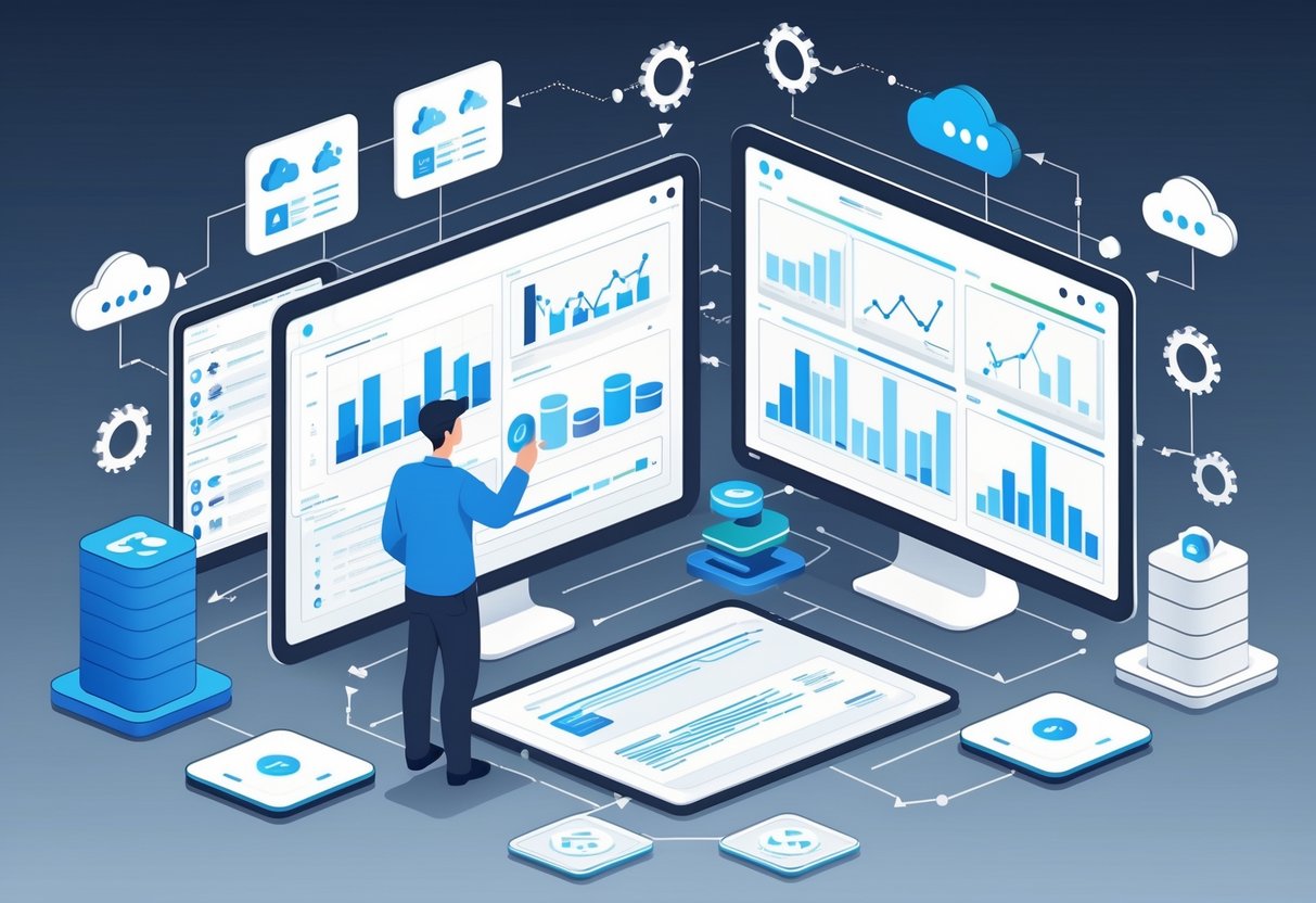 A person working at a desk with multiple screens showing data charts, code, and automated pipelines connecting different stages of an analytics project.