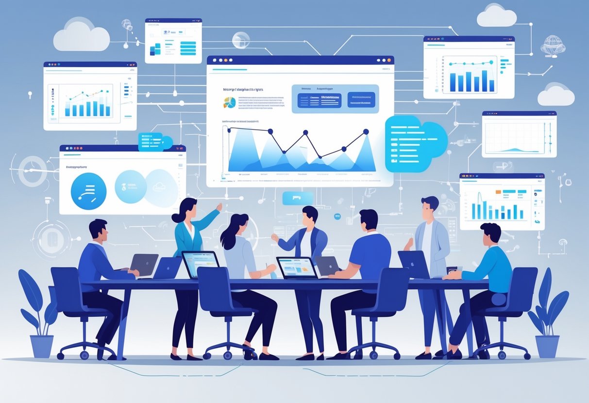 A team of professionals working together around a table with floating digital screens showing stages of an analytics CI/CD pipeline, including data flow, testing, deployment, and monitoring.