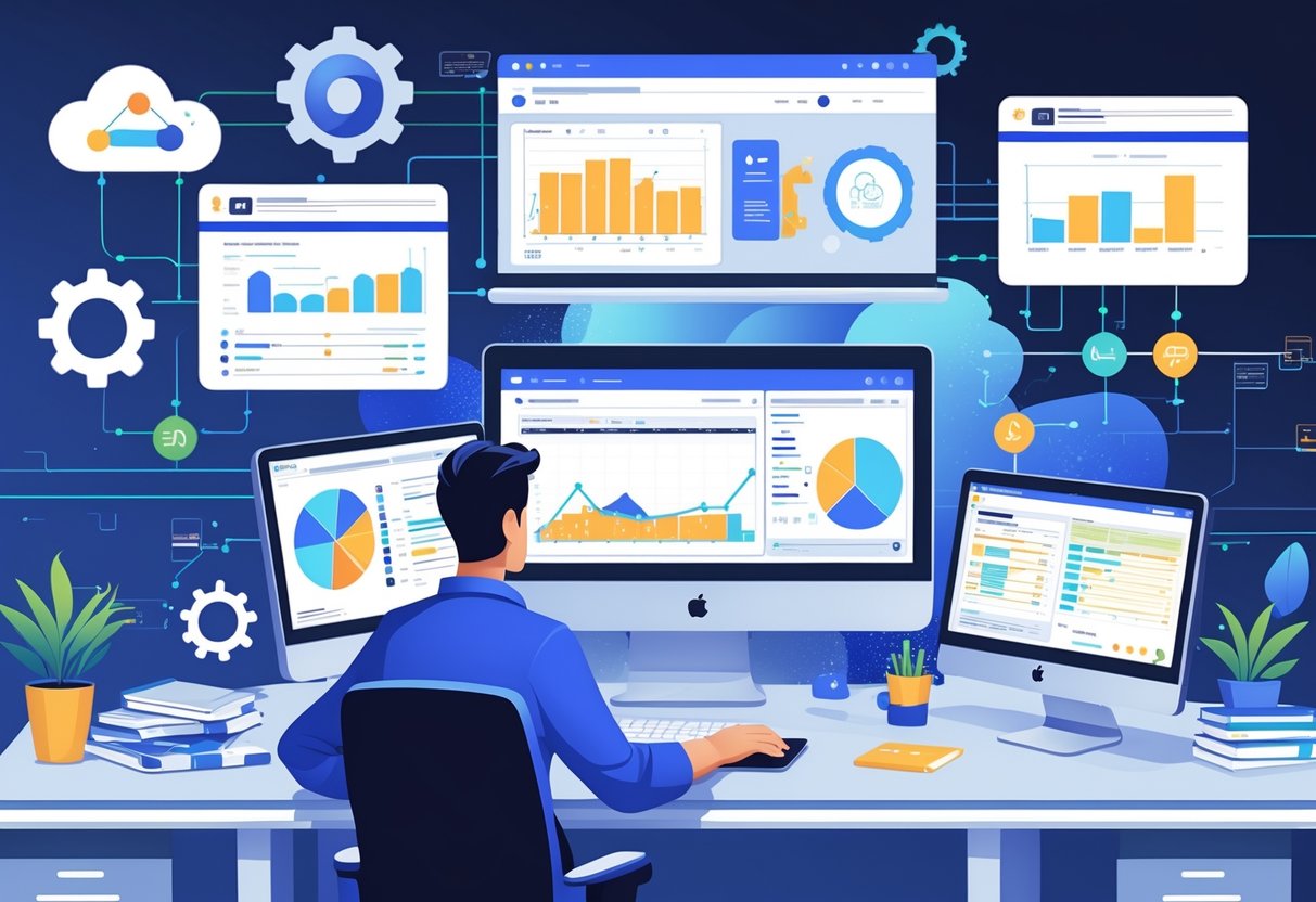 A person working at a desk with multiple screens showing code and data charts, surrounded by icons representing automation and data workflows.