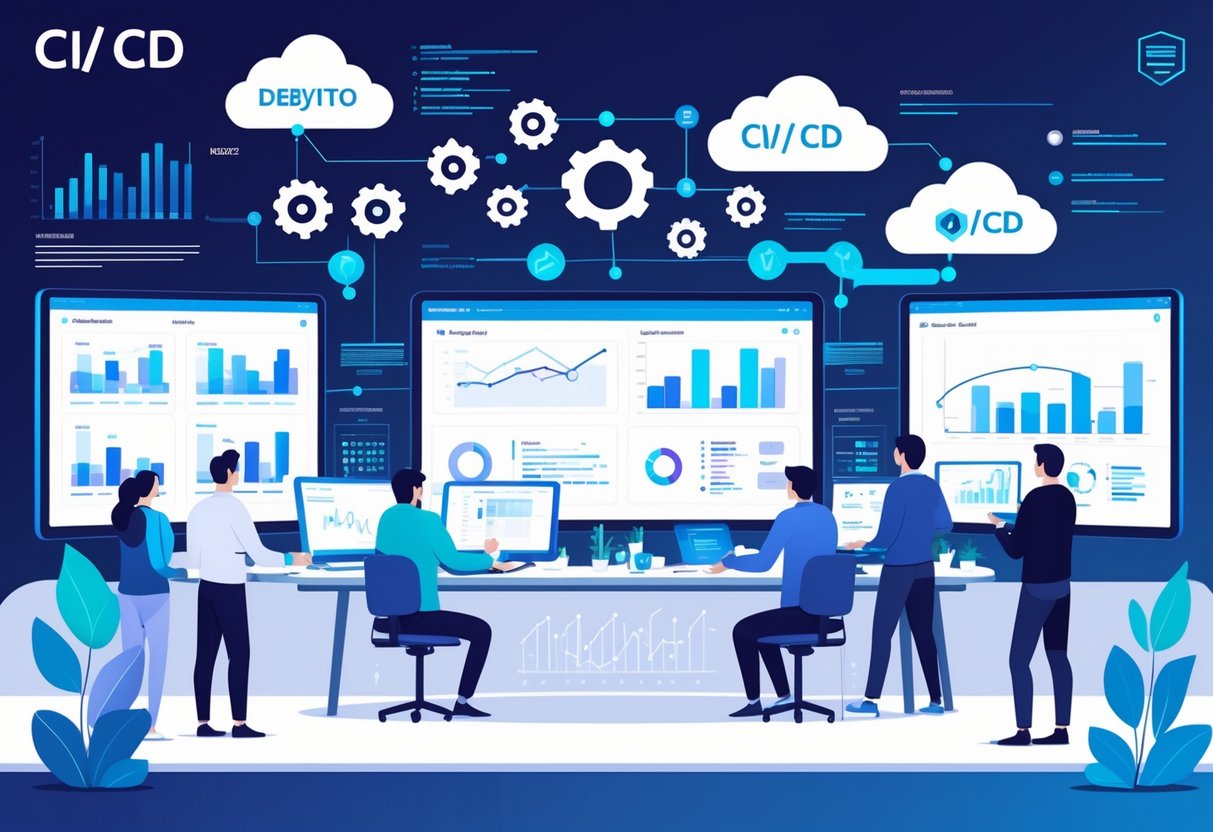A team of data engineers and analysts working together with screens showing data pipelines, dashboards, and automated deployment workflows in a modern office.