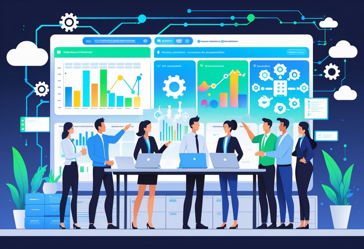 A group of professionals collaborating around a table with laptops, surrounded by digital charts and icons representing data flow and automation tools.