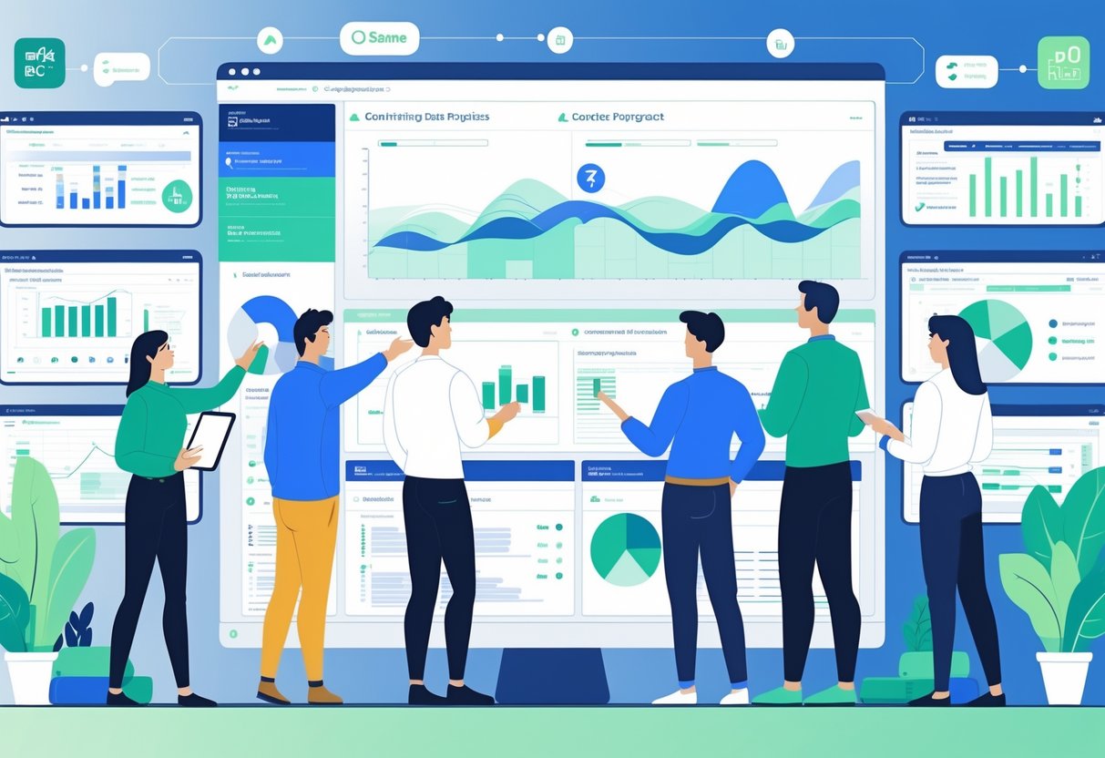 A team collaborating around a digital dashboard showing data pipelines and analytics in a modern office setting.