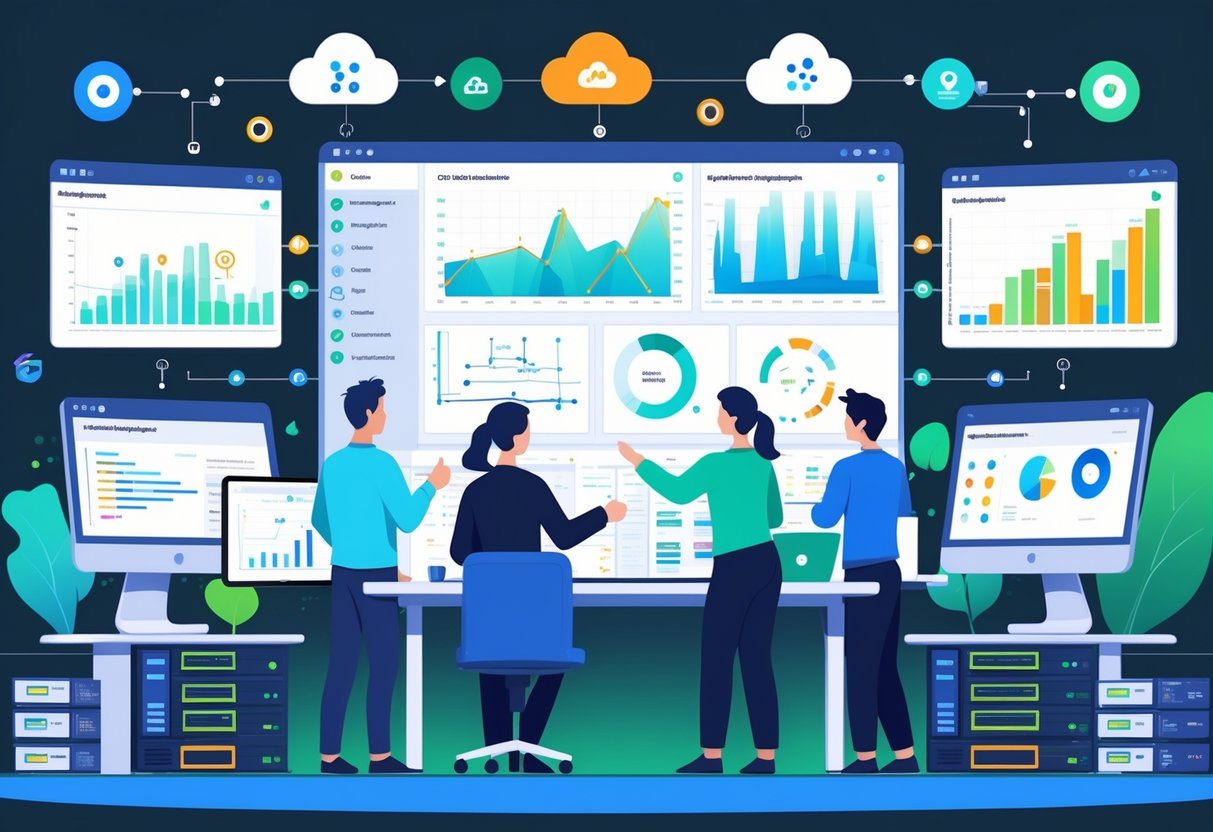 A team of professionals collaborating around digital screens showing data charts, code, and automation workflows in a modern office setting.