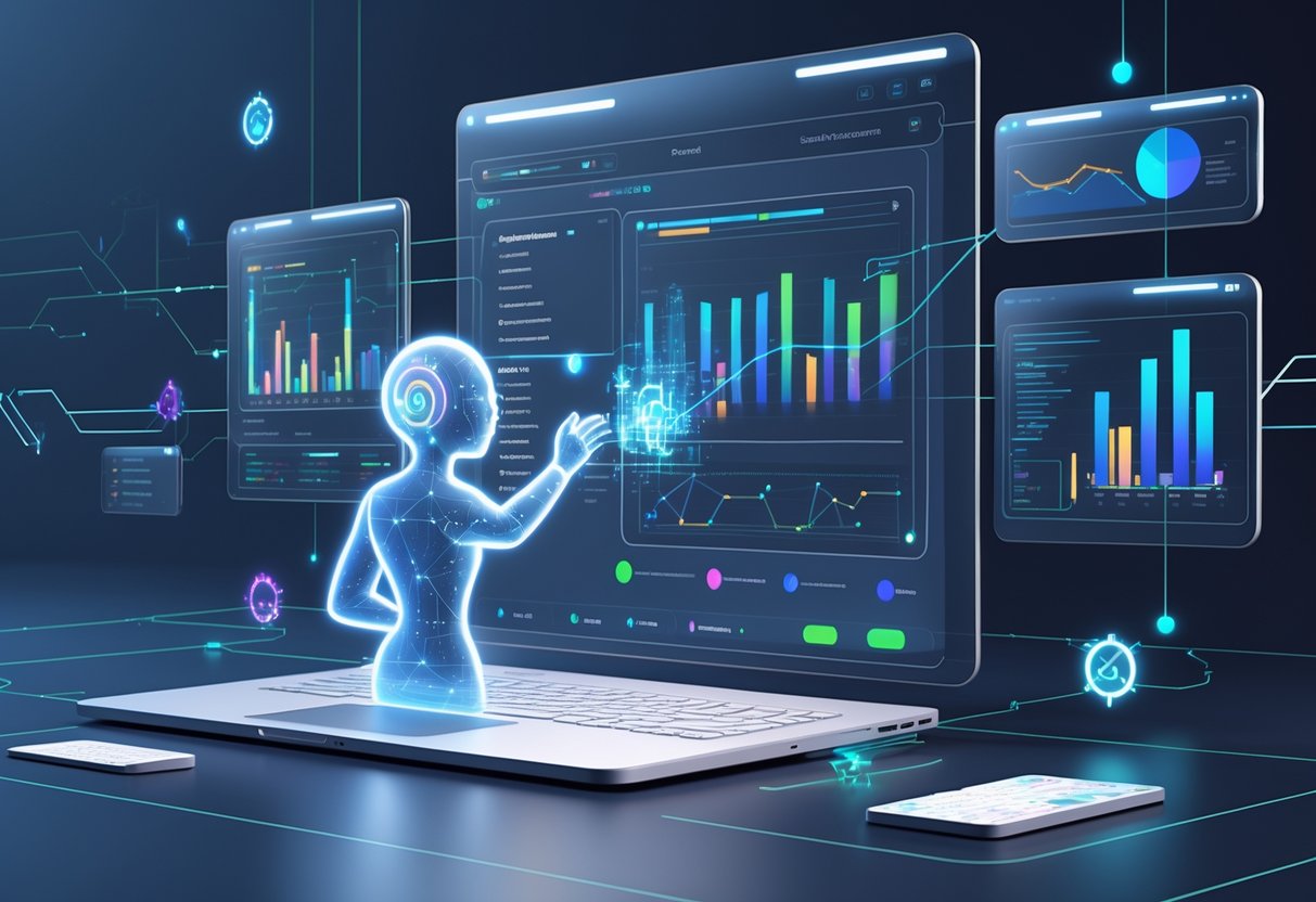 A futuristic workspace showing digital screens with data being cleaned and organized by a glowing AI figure surrounded by interconnected data nodes.