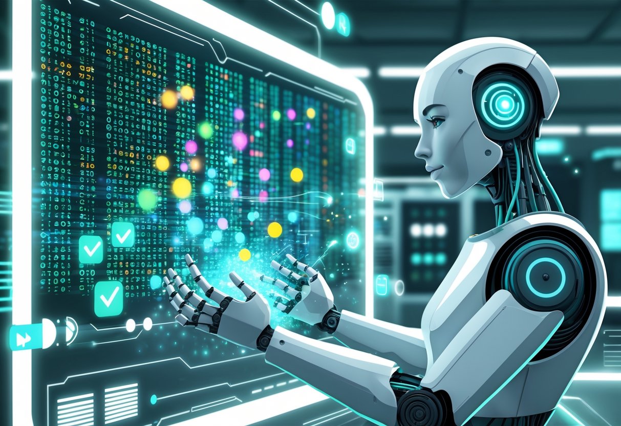 A humanoid robot interacting with streams of digital data on a large transparent screen, symbolizing AI cleaning and organizing information in a modern office setting.