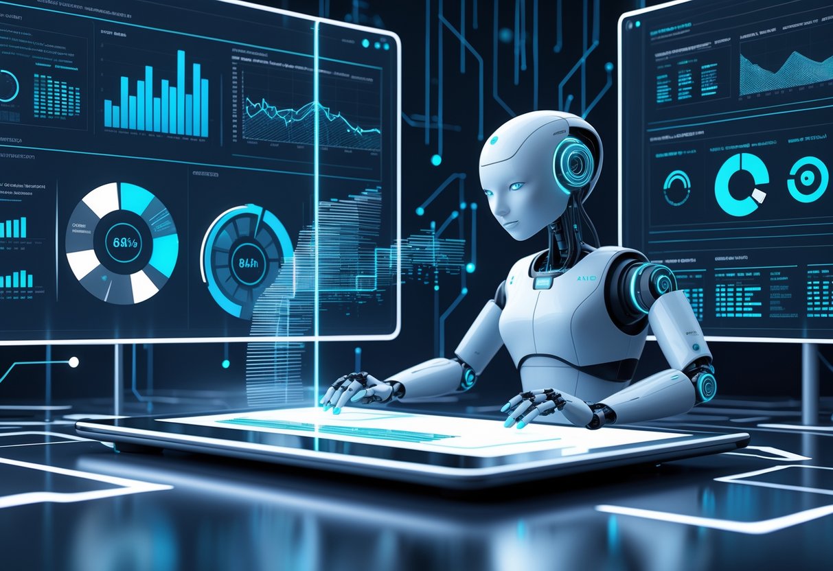 A futuristic workspace with holographic screens showing data being cleaned and organized by an AI robot, surrounded by glowing digital elements.