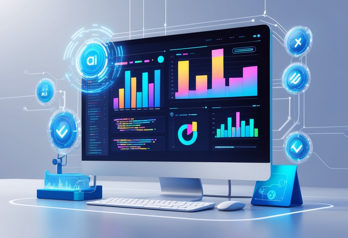 A futuristic workspace showing a computer screen with data charts and holographic icons representing automated data cleaning processes.