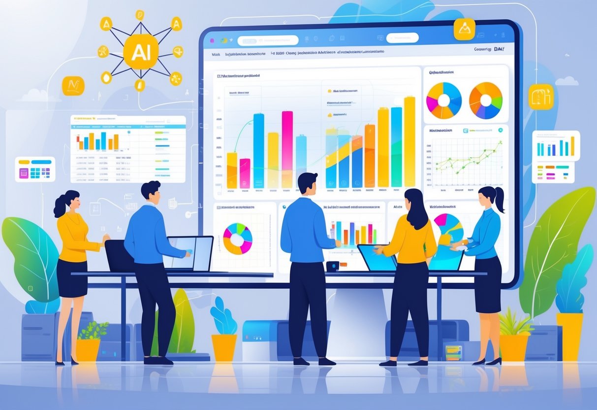 A group of professionals collaborating around a large digital screen displaying spreadsheet data and charts with AI symbols representing data cleansing tools.