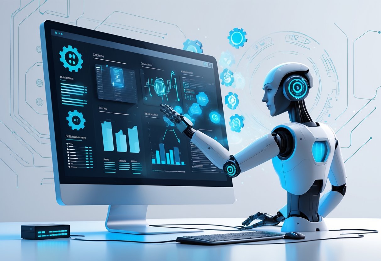 A computer screen showing organized CRM and ERP data with a robotic hand interacting with it, surrounded by AI technology icons and digital patterns.