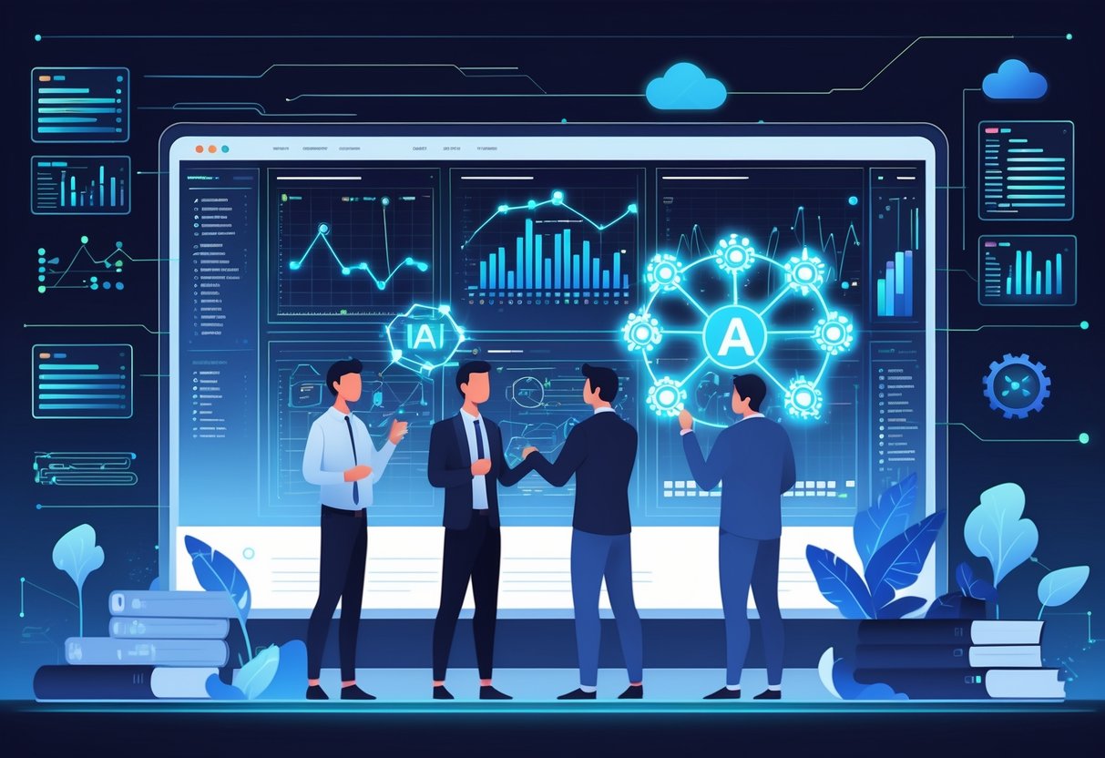 A group of professionals working with AI-powered tools on a large transparent screen displaying data charts and code, surrounded by symbols of data and technology.