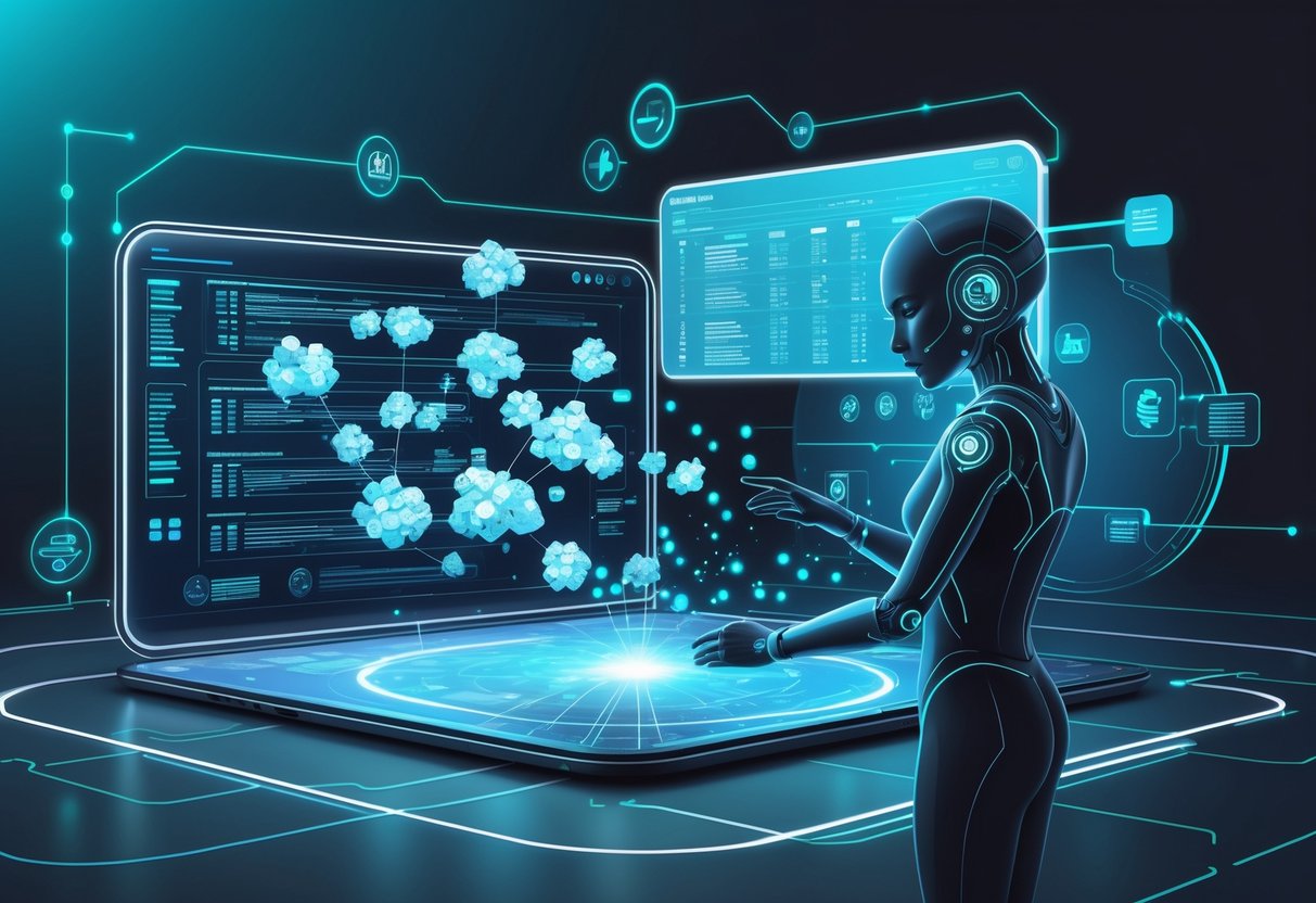 A futuristic digital workspace with a humanoid AI assistant interacting with floating data clusters and holographic screens showing data analysis and cleansing processes.