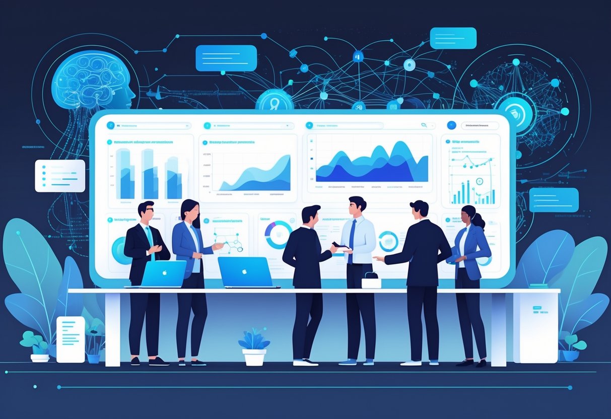 A group of analytics professionals collaborating around a digital dashboard showing data visualizations and AI-generated insights in a high-tech workspace.