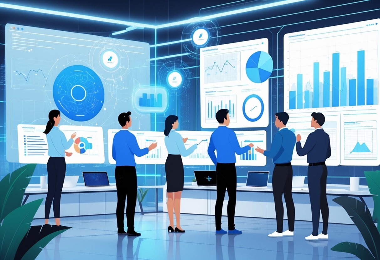 A group of professionals working with digital screens showing data charts and AI assistant holograms in a modern office setting.