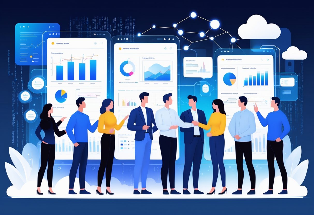 A group of analytics professionals collaborating with advanced AI data assistant interfaces showing data visualizations and charts in a modern workspace.
