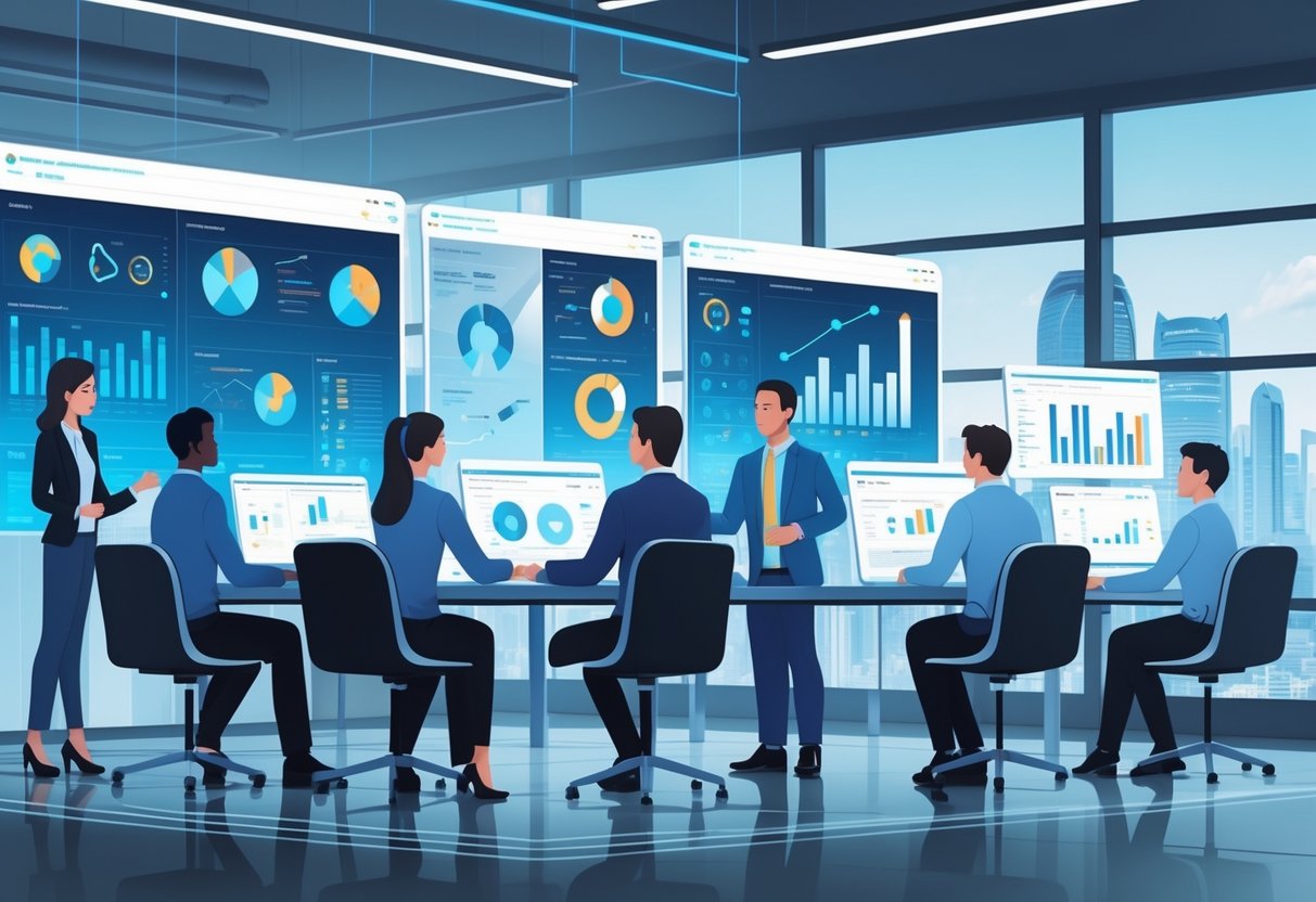 A group of professionals working with advanced AI data assistants in a modern office filled with digital screens showing data and charts.