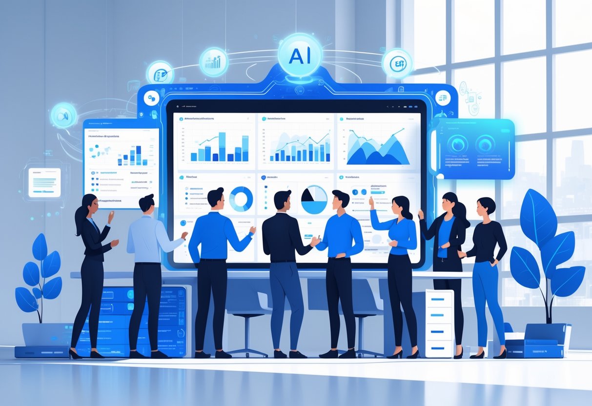 A group of professionals working together around a digital dashboard with data charts and AI tools in a modern office setting.