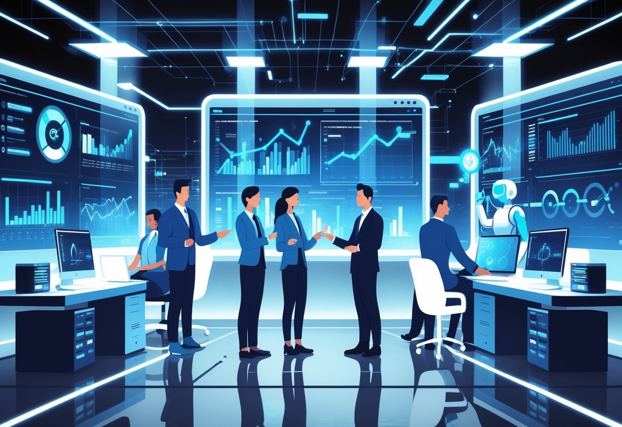 Analytics professionals collaborating with AI assistants in a high-tech office surrounded by digital data visualizations and predictive models.