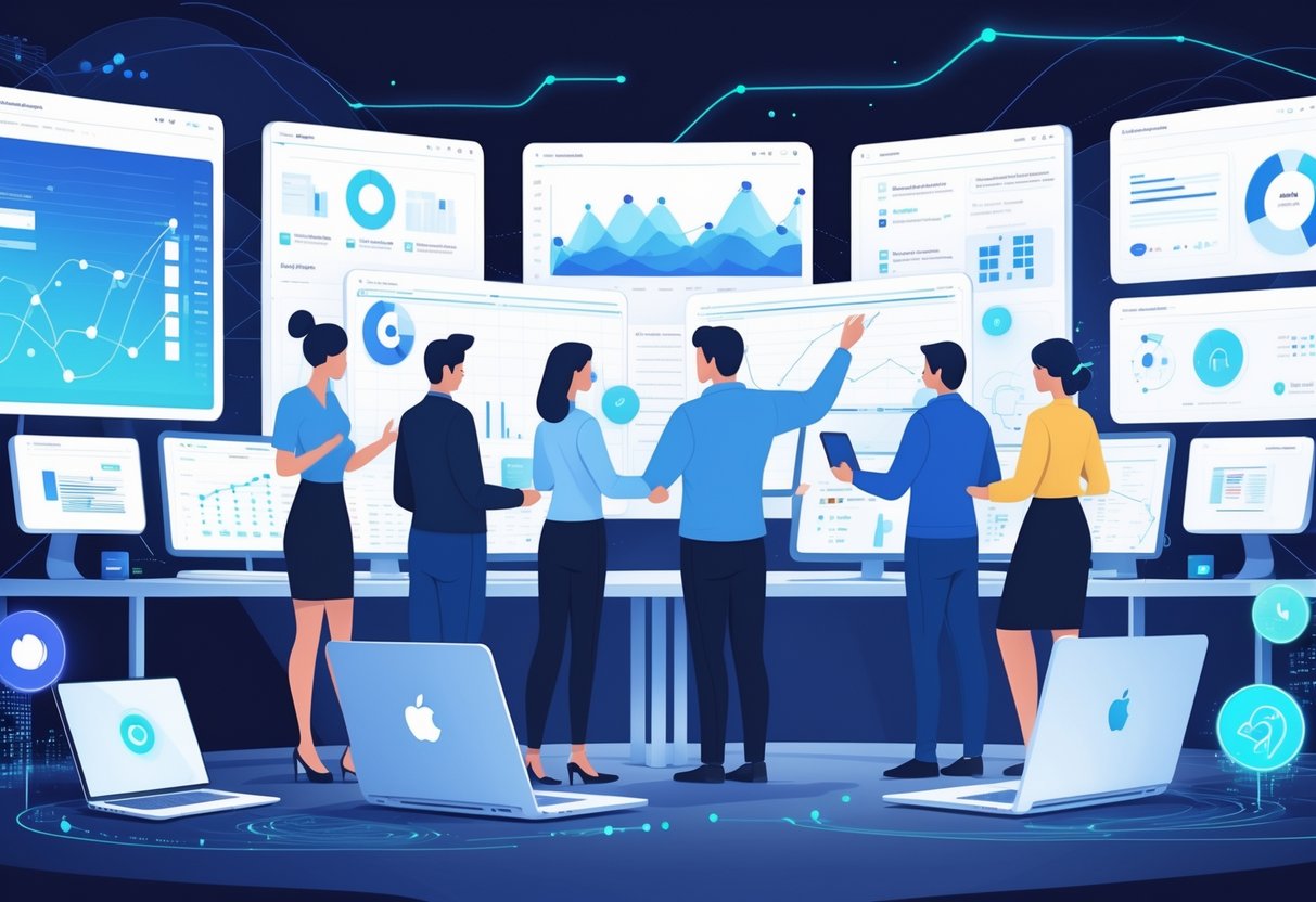 A group of professionals working with digital data visualizations and holographic interfaces in a modern workspace focused on data preparation and AI assistance.