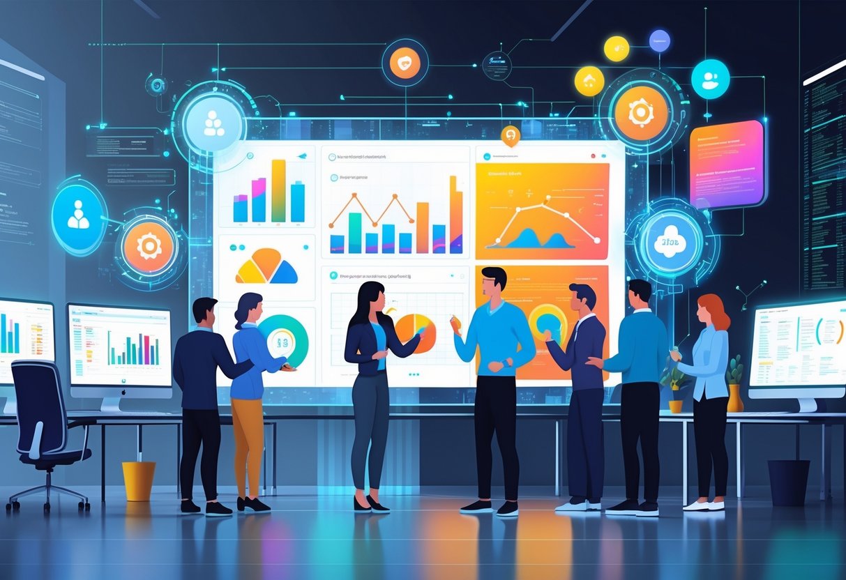 A group of professionals collaborating around a large digital screen displaying colorful data charts and graphs with holographic AI assistant icons in a modern office.