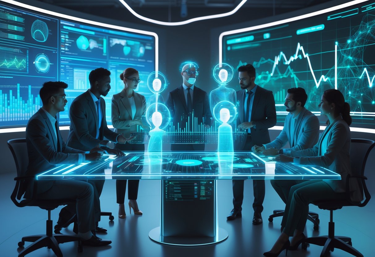 A group of professionals working together around a digital table with holographic AI assistants displaying data visualizations and charts in a modern office.