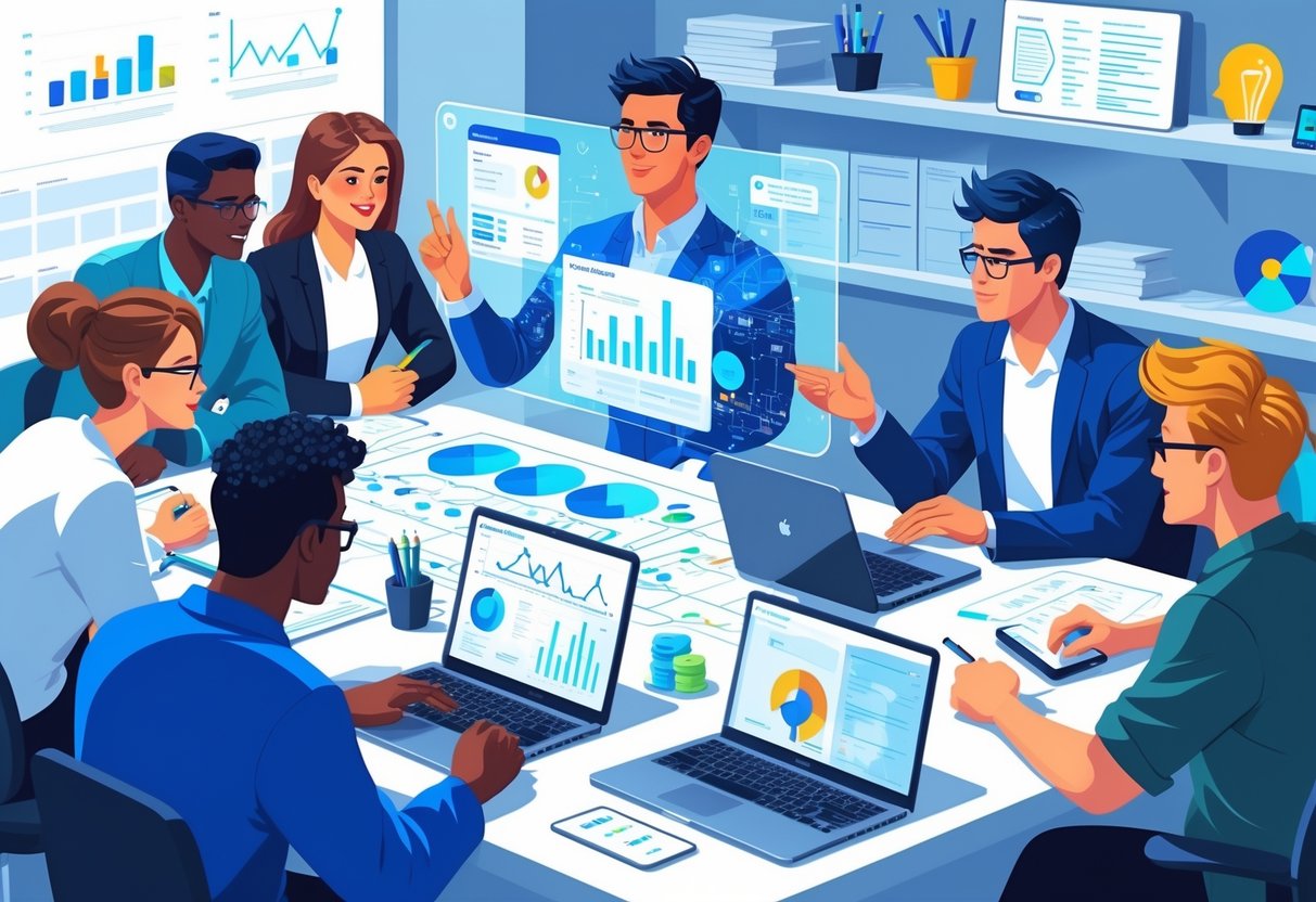 A group of professionals collaborating around a table with laptops and data charts, as one person presents analytics insights on a digital screen.