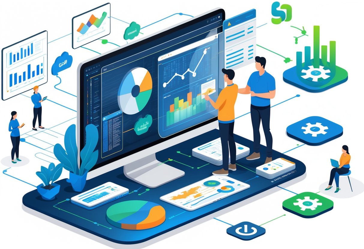 An analytics engineer working with data visualizations and technical symbols in a modern office setting, surrounded by icons representing key analytics skills.