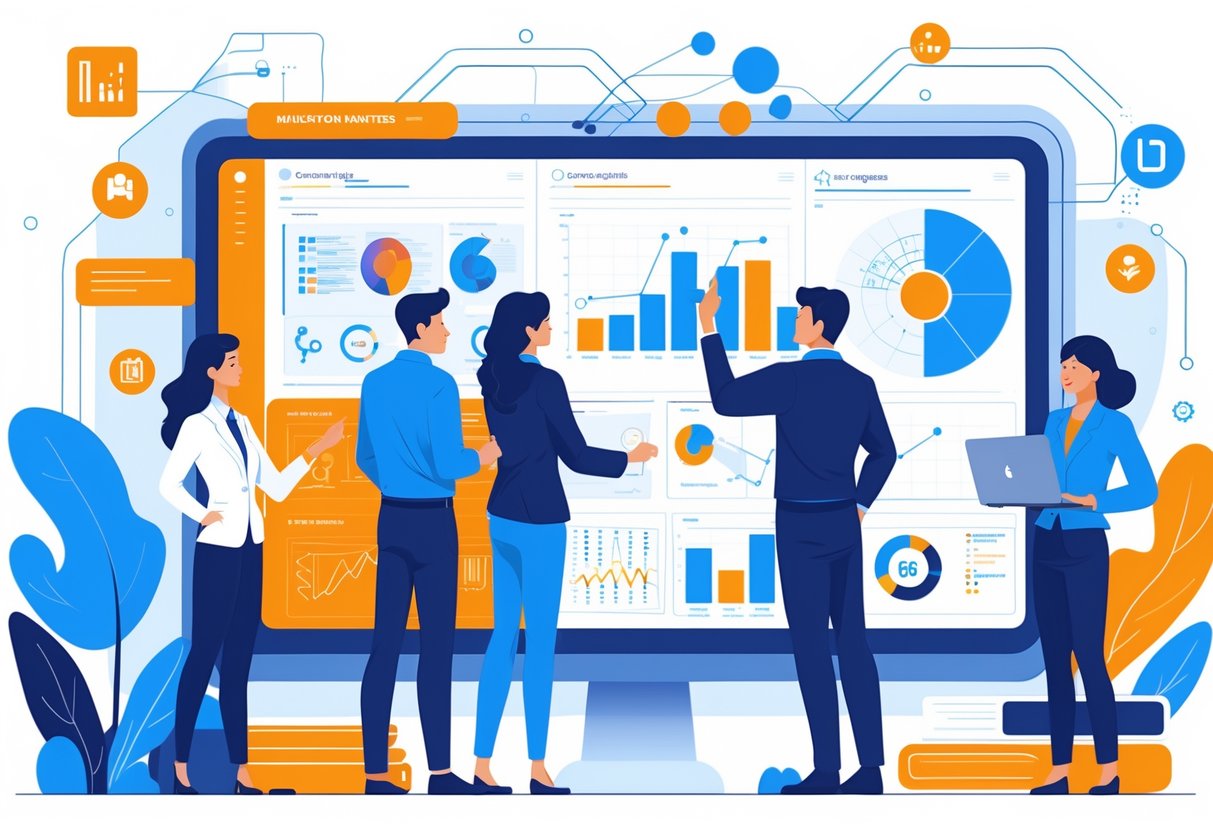 A group of professionals collaborating around a large digital screen showing data charts and graphs, analyzing information together in a modern office.