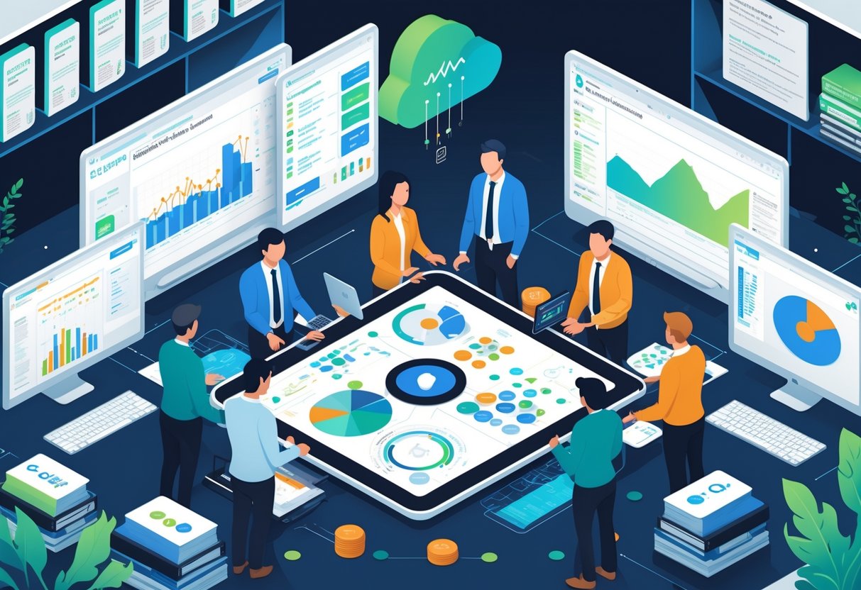 A group of professionals collaborating around a digital table displaying data visualizations and code in a modern office setting focused on analytics engineering.