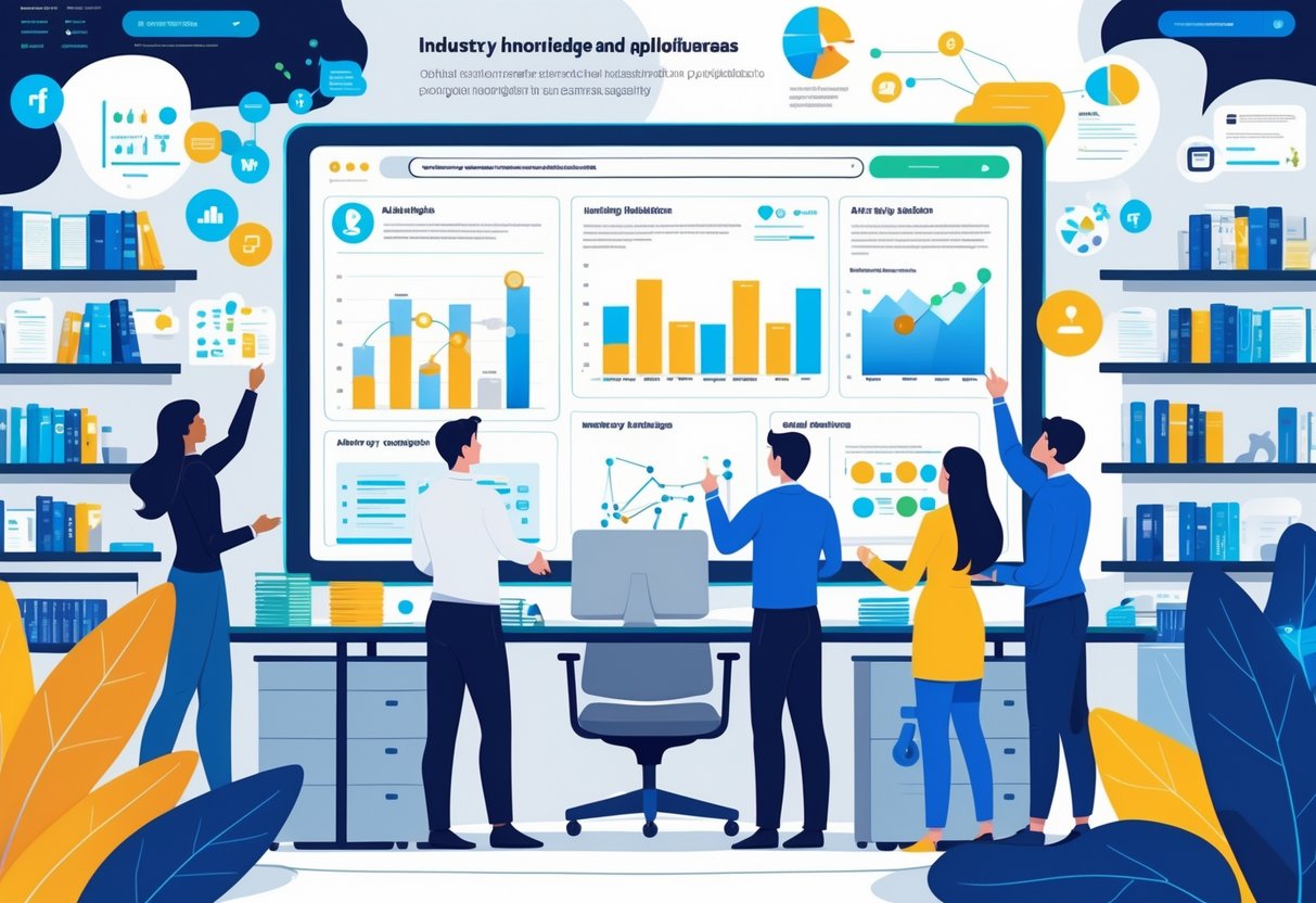 A group of professionals collaborating around a digital dashboard with data charts and icons representing different industries in a modern office setting.