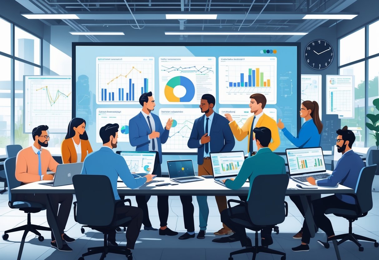 A group of analytics engineers working together around a table with laptops and charts in a modern office space.