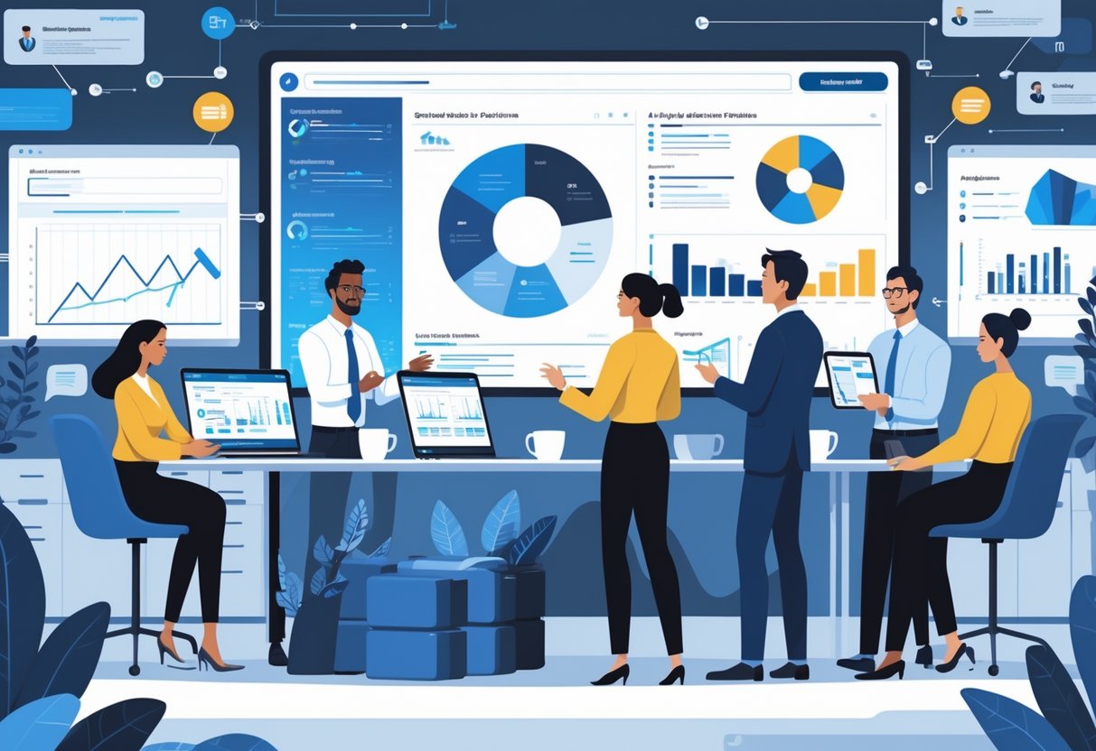 A group of professionals in an office discussing data and analytics, with one person presenting insights to hiring managers reviewing portfolios.